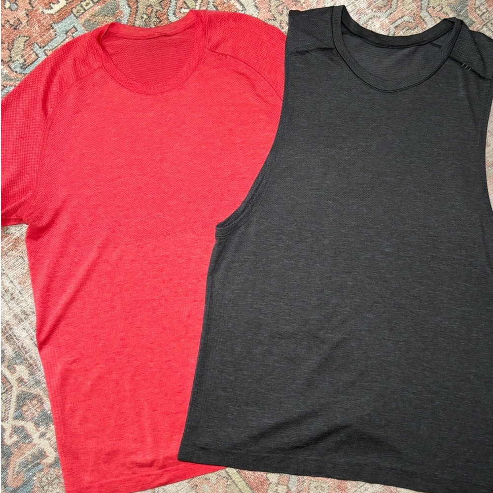 Lululemon Metal Vent Tech Mens Bundle Red Short Sleeve Shirt & Grey Tank Top M